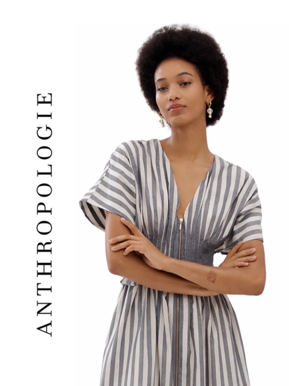 Anthropologie Gray and White Vertical-Striped Zip-Front Midi Dress